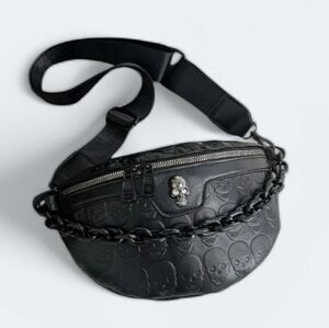 Retro Black Skull Embossed Waist Crossbody Bag Gothic Fanny‎ Pack Shoulder Purse